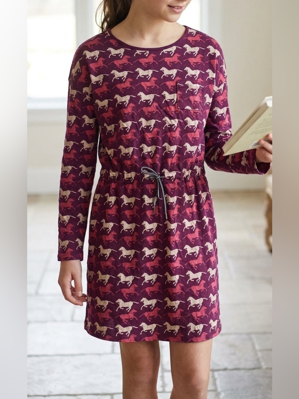Lands' End Kids Girls Large 14 Horse Print Long Sleeve Cotton Dress Maroon